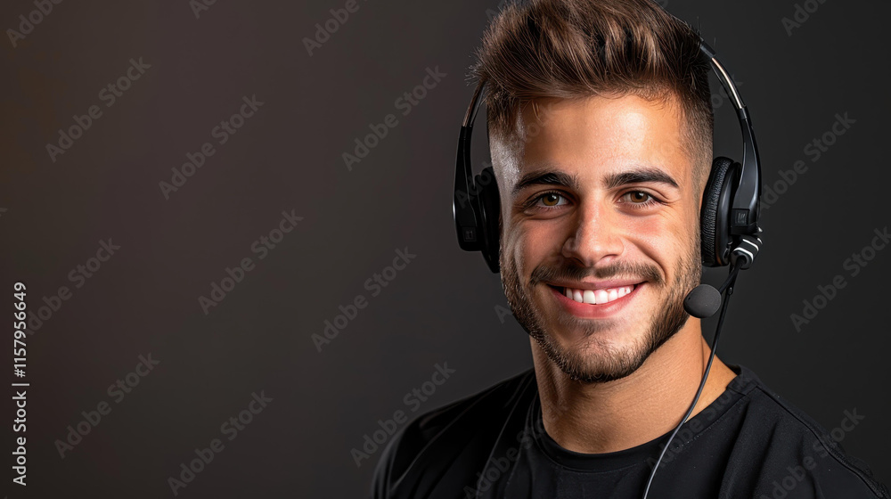 A cheerful young male call center operator offers friendly support, showcasing his handsome smile while assisting clients. A cheerful young male call center operator offers friendly support, showcasing his handsome smile while assisting clients.