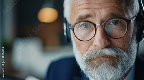 A senior businessman in a headset focuses on his computer, showcasing dedication and professionalism in the office.