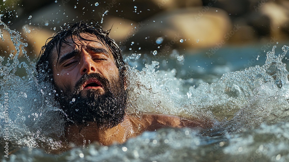 Fototapeta premium A beautiful illustration of the Jordan River, depicting its flowing waters and lush surroundings as Naamã prepares to immerse himself, with sunlight glistening on the water's surface