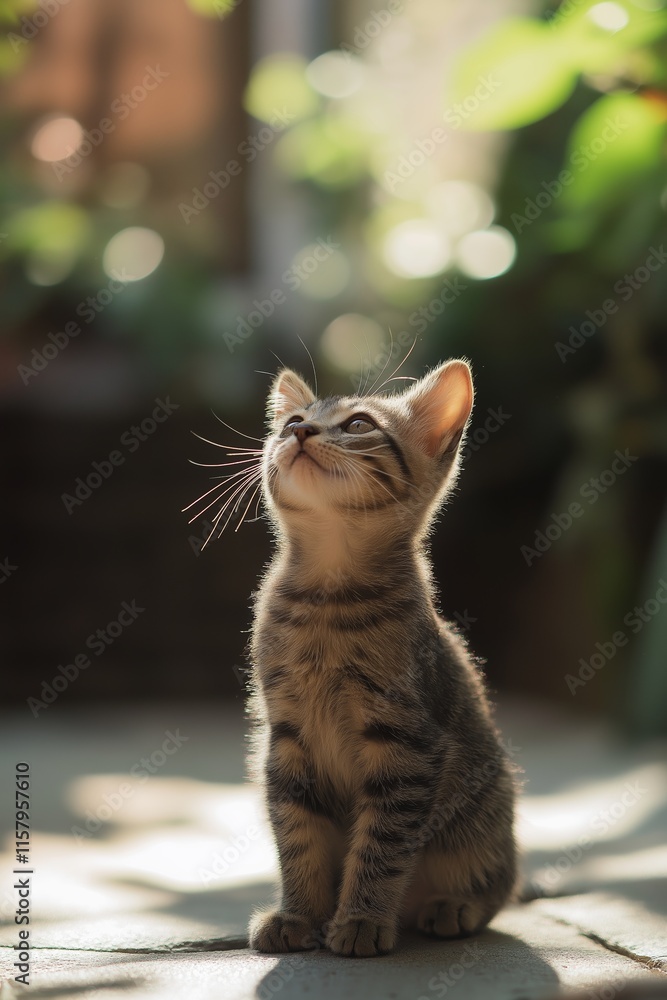 Naklejka premium An adorable kitten looking up brightly in soft sunlight.