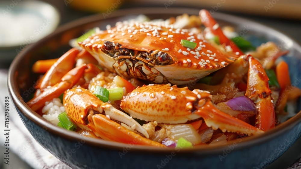 Ginger-soy glazed Alaskan Crab stir-fry with fresh vegetables, served in a deep bowl Ginger-soy glazed Alaskan Crab stir-fry with fresh vegetables, served in a deep bowl