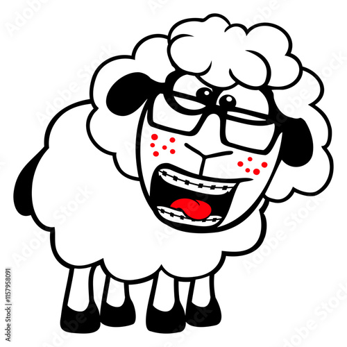 Sheep Nerd Horn-Rimmed Glasses Glasses Braces Geek Design Lover Art Vector Illustration Card T-Shirt Poster Sticker Graphic Print Decorative Drawing Isolated Logo Decoration Symbol Creative Cool Style