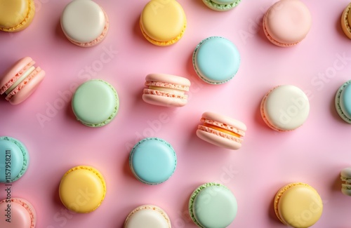 Colorful macarons arranged in flat lay pattern on pastel pink background. Pastel colors, delicious looking french treats. Sweet, tasty dessert perfect for cafes parties. Perfect for displaying photo