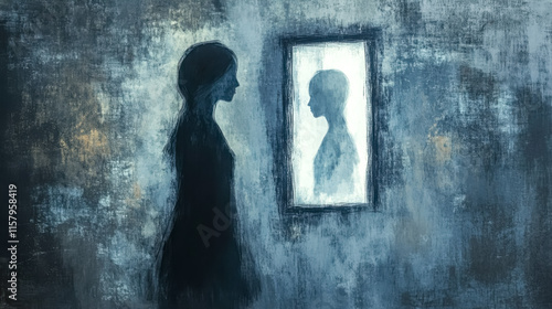 Woman facing her reflection in a window, exploring identity and self discovery