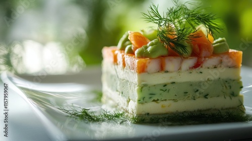 Fancy Alaskan Crab terrine, layered with avocado mousse and garnished with dill, fine-dining setting  photo