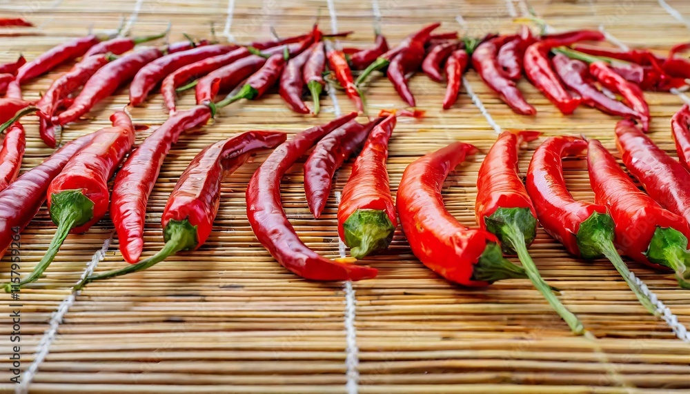 Bright Red Chili Peppers Laid Out to Dry on a Large Bamboo Mat Bright Red Chili Peppers Laid Out to Dry on a Large Bamboo Mat