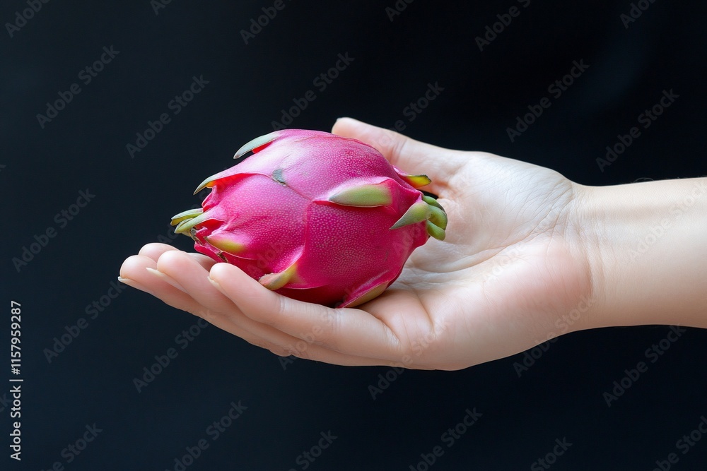 A hand holding a vibrant pink dragon fruit against a dark background. A hand holding a vibrant pink dragon fruit against a dark background.