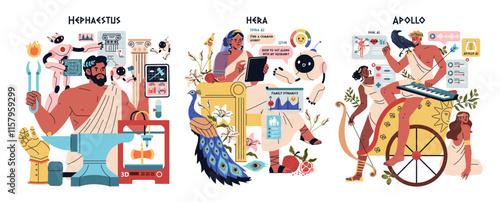 Olympic Gods Synergy AI. Flat Vector Illustration