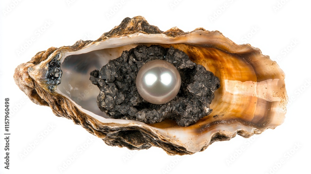 High-resolution view of a pearl with natural luster, framed by the rugged texture of an open oyster shell, isolated on white High-resolution view of a pearl with natural luster, framed by the rugged texture of an open oyster shell, isolated on white