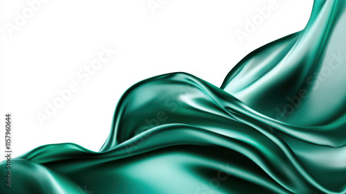 A cut-out image of glossy fabric in shimmering emerald green, intricate folds and curves with a satin-like texture, cleanly isolated on a white background photo