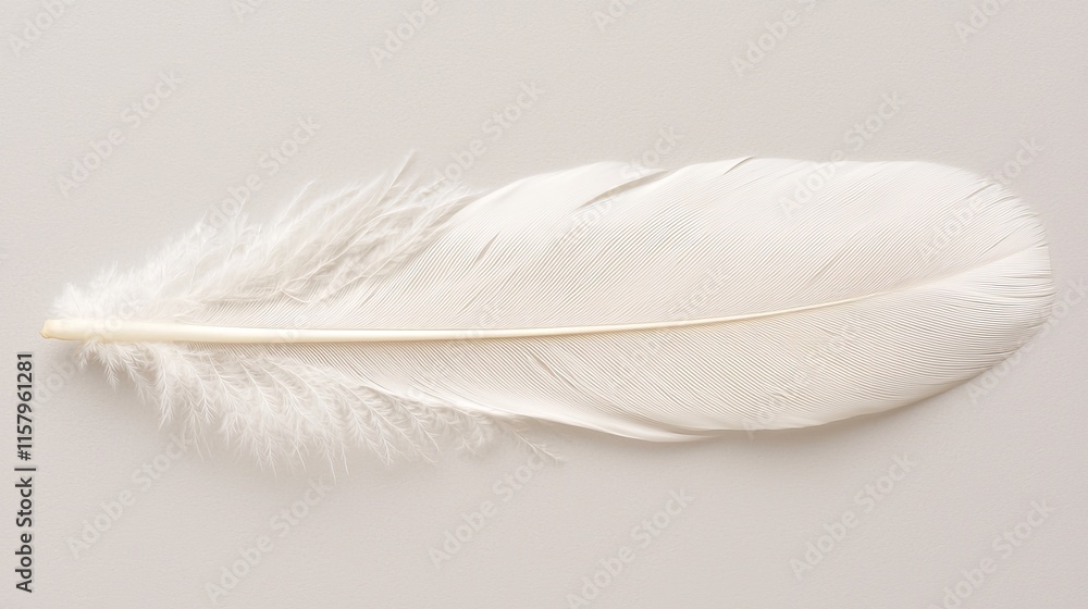 Obraz premium Minimalistic white feather resting lightly on a misty, muted gray backdrop, creating a sense of calm and sophistication