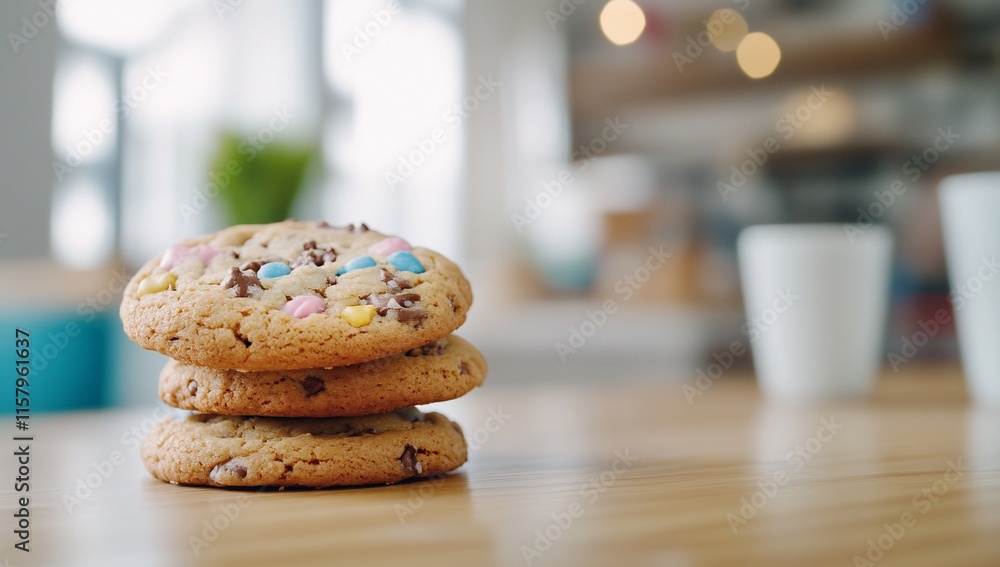 Three colorful cookies stacked on a wooden table, inviting and delicious. Three colorful cookies stacked on a wooden table, inviting and delicious.