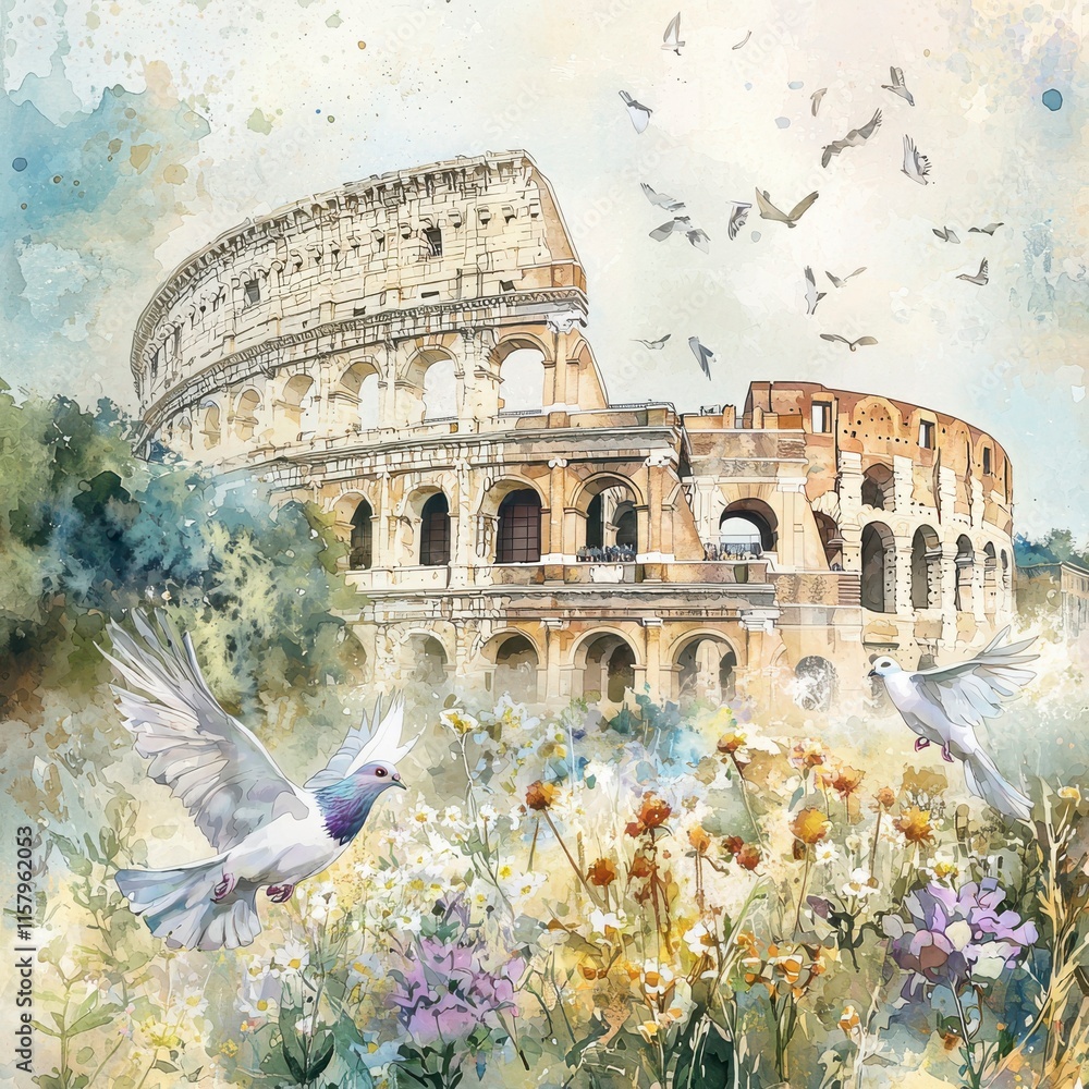 Obraz premium Majestic Coliseum Surrounded by Blossoming Flowers and Birds