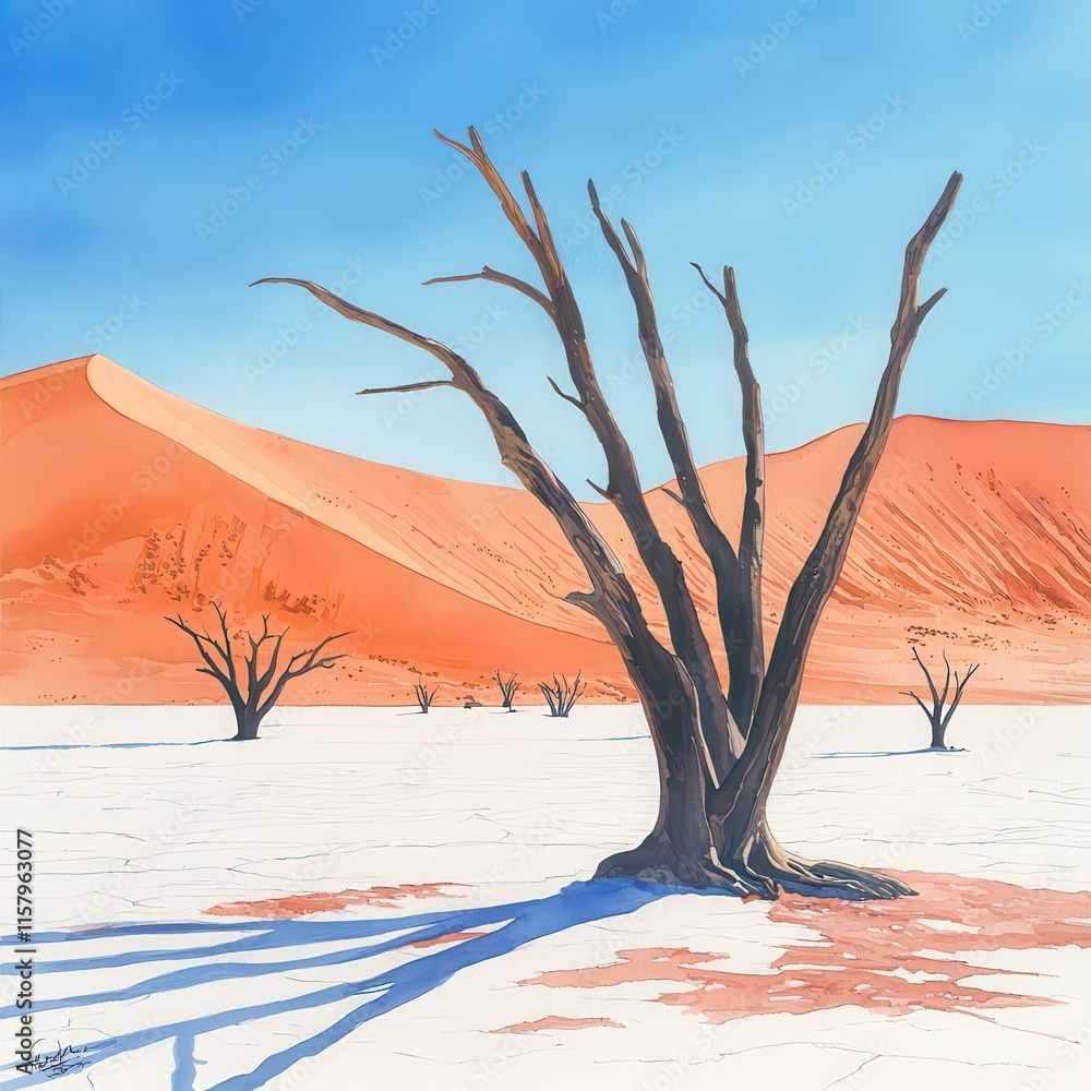 Barren Landscape with Dead Trees and Dunes in Desert Environment Barren Landscape with Dead Trees and Dunes in Desert Environment