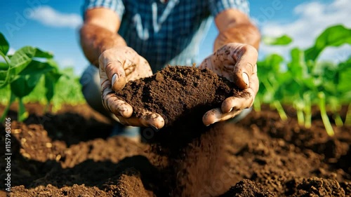 A farmer's weathered hands cradle rich, dark soil as he kneels in his field, feeling the earth between his fingers with a look of reverence and purpose in his eyes