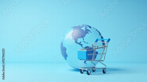 A minimalist earth globe with a shopping cart overlay, symbolizing global e-commerce, on a solid light blue background