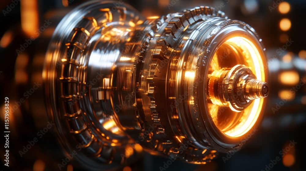 Close-up View of a Futuristic Engine Component with Luminous Details, Metallic Textures, and Intricate Design, Perfect for Technology and Innovation Themes Close-up View of a Futuristic Engine Component with Luminous Details, Metallic Textures, and Intricate Design, Perfect for Technology and Innovation Themes