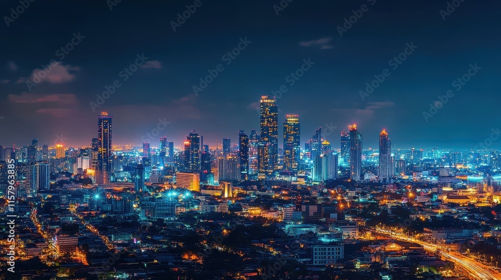 Fototapeta premium Vibrant City Skyline at Night with Illuminated Skyscrapers and Urban Lights, Perfect for Modern Cityscapes, Nightlife, Urban Living, Travel Destinations, and Futuristic Themes