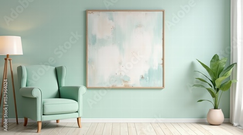 A serene living room featuring a pastel mint green armchair, a simple floor lamp, and a large abstract art piece on the wall
