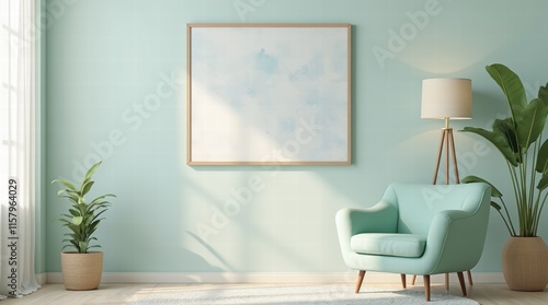 A serene living room featuring a pastel mint green armchair, a simple floor lamp, and a large abstract art piece on the wall