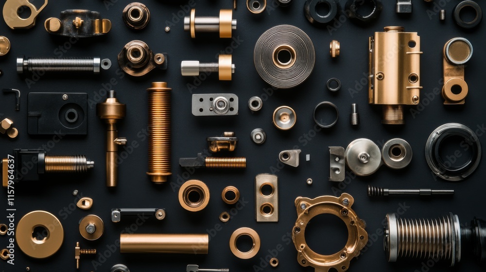 Collection of Industrial Metal Components on Dark Background, Featuring Various Precision Parts, Fasteners, and Mechanical Elements for Engineering and Manufacturing Applications Collection of Industrial Metal Components on Dark Background, Featuring Various Precision Parts, Fasteners, and Mechanical Elements for Engineering and Manufacturing Applications