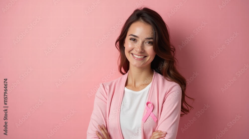 Woman smiling with a hopeful expression wearing a pink ribbon pin, symbolizing celebration of strength and cancer survivorship Woman smiling with a hopeful expression wearing a pink ribbon pin, symbolizing celebration of strength and cancer survivorship