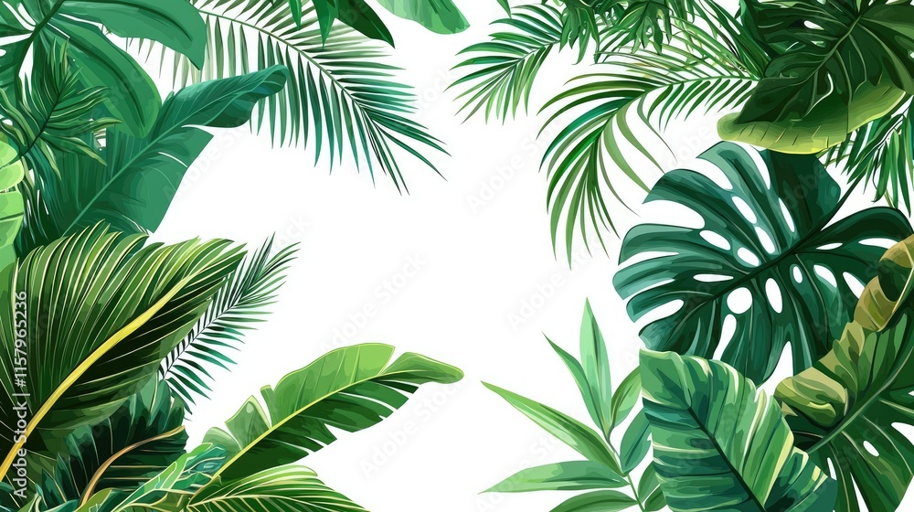 Lush Green Tropical Leaves Surrounding a White Background Lush Green Tropical Leaves Surrounding a White Background