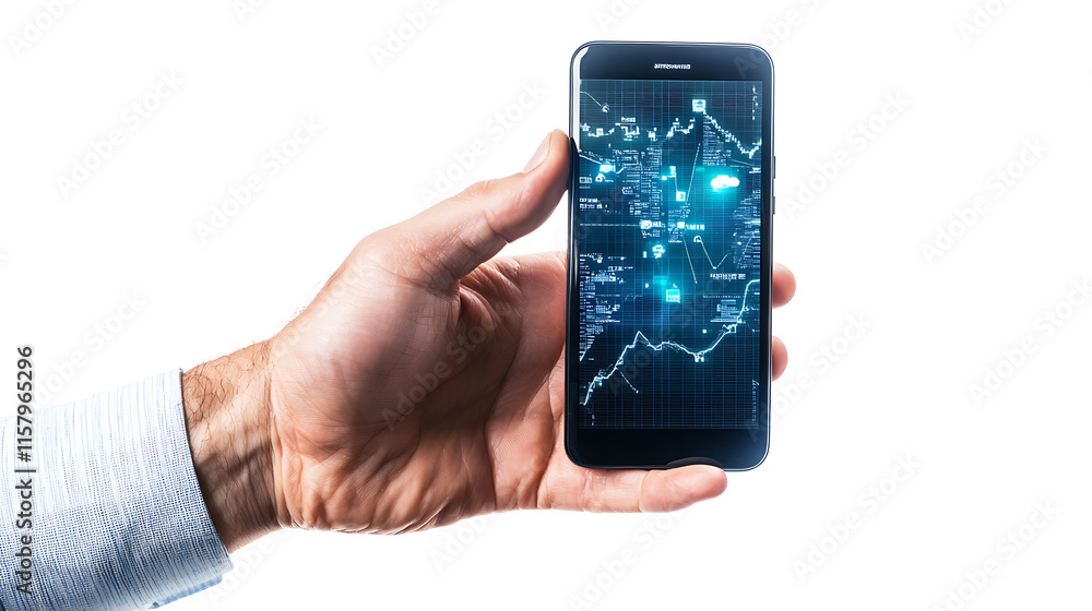 hand holding smartphone displaying financial data and graphs hand holding smartphone displaying financial data and graphs