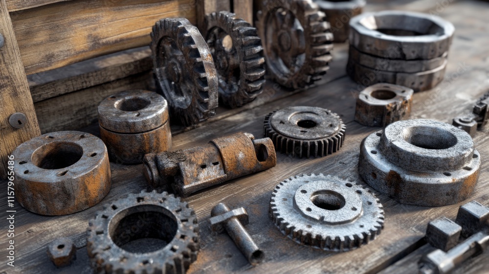 Detailed Close-Up of Various Rusty Gears and Mechanical Parts Arranged on a Wooden Surface, Showcasing Industrial Textures and Weathered Finishes Detailed Close-Up of Various Rusty Gears and Mechanical Parts Arranged on a Wooden Surface, Showcasing Industrial Textures and Weathered Finishes