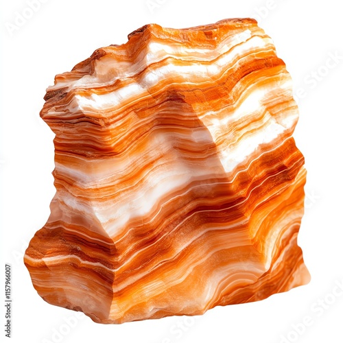 Colorful striped rock formation with orange and white layers, isolated background. photo