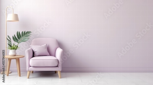 An airy living space featuring a pastel lavender armchair, a small side table with a plant, and a floor lamp on a solid light background