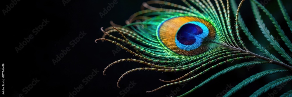 Obraz premium Single peacock feather, striking colors, rich detail against black, detail, design
