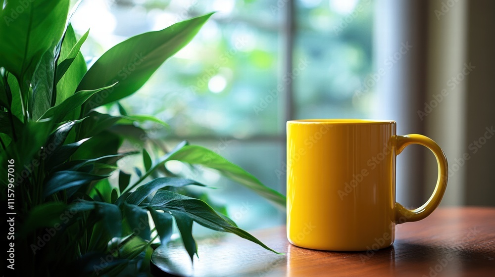 Yellow mug on a wooden table next to a green plant Yellow mug on a wooden table next to a green plant
