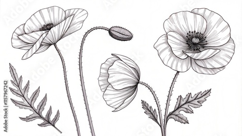 Sketch Floral Botany Collection. Poppy flower drawings. Black and white with line art on white backgrounds. Hand Drawn Botanical Illustrations.Vector. photo