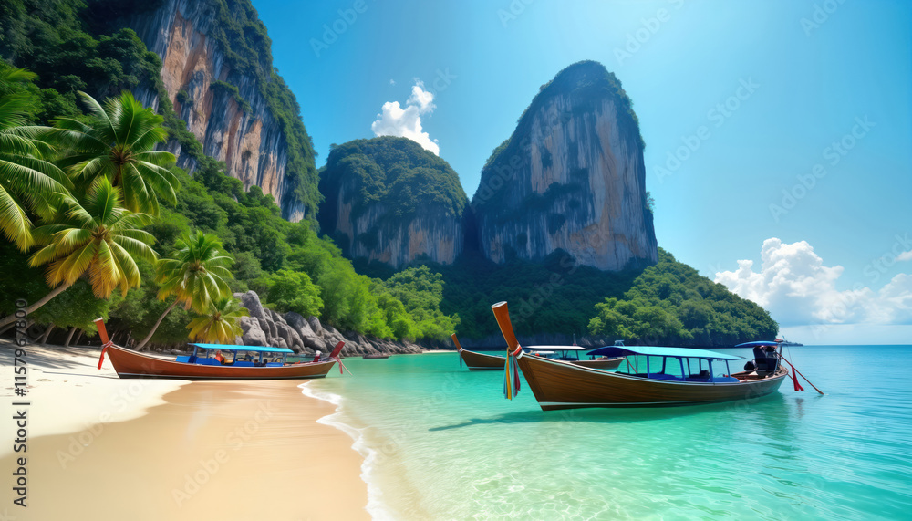 Obraz premium Tropical beach with calm turquoise water lagoon. Palm trees, rocks surround shore. Traditional longtail boats docked on sand. People relaxing on beach, enjoying scenery. Beautiful landscape of