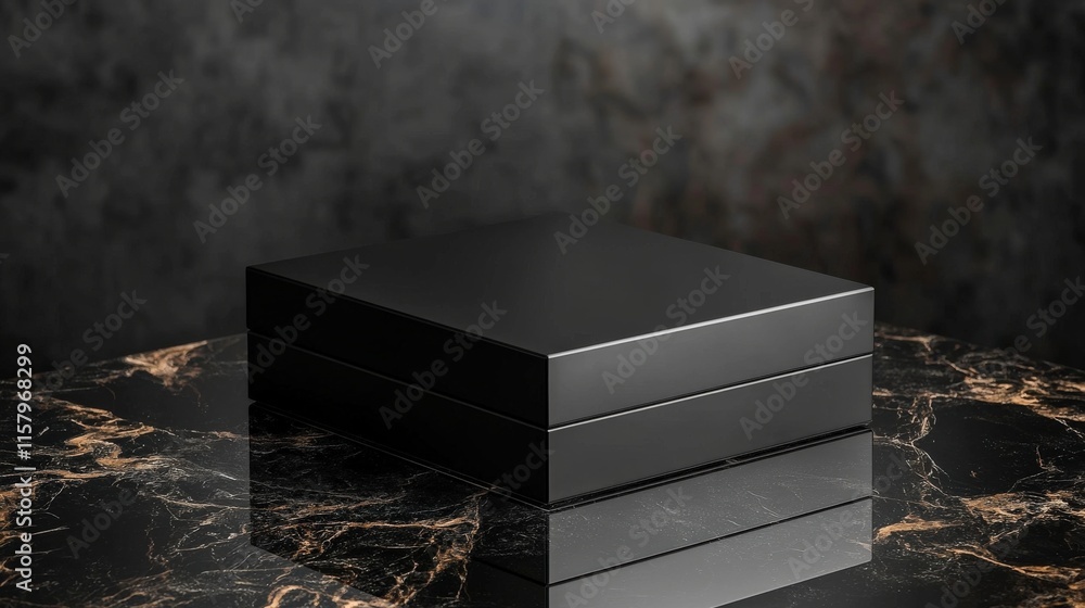 Fototapeta premium A sleek black box with a matte finish displayed on a reflective glass surface