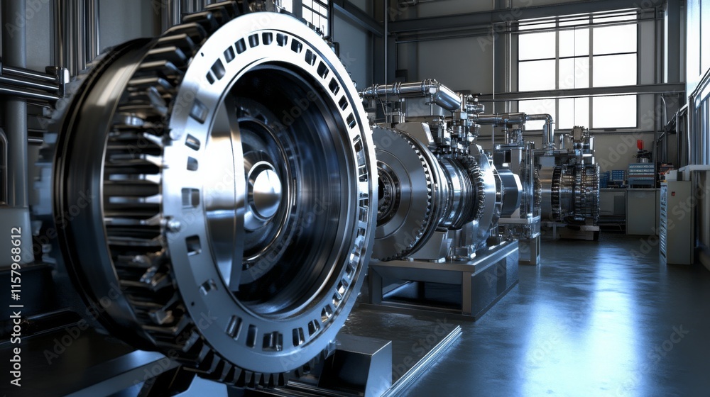 Fototapeta premium Industrial machinery showcasing intricate turbine designs in a modern manufacturing facility with natural light streaming through large windows.