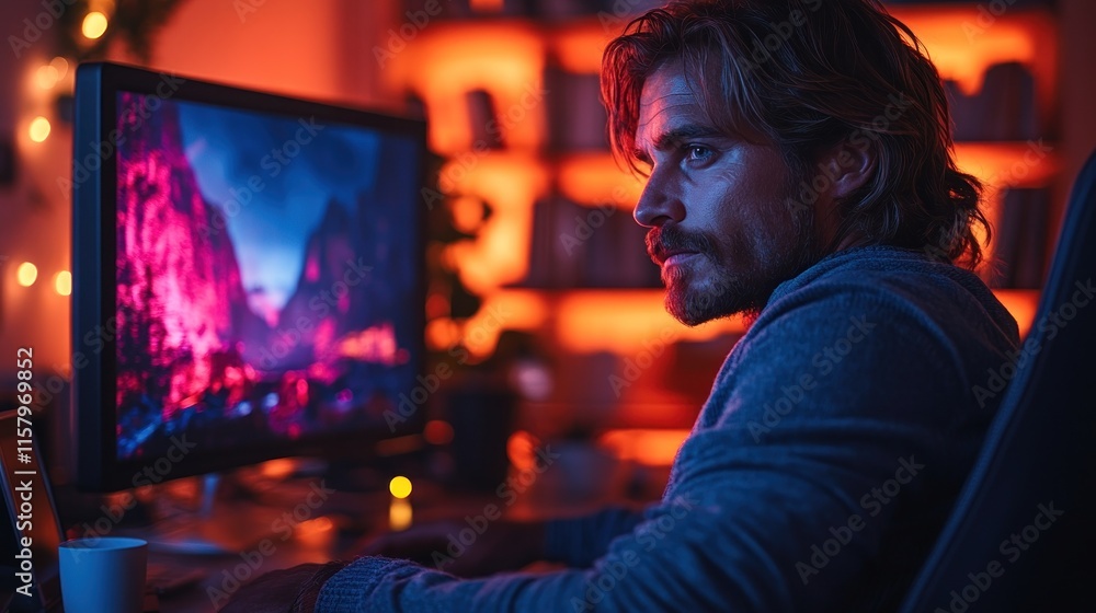 A man working at a computer in a dimly lit room with colorful lighting. A man working at a computer in a dimly lit room with colorful lighting.