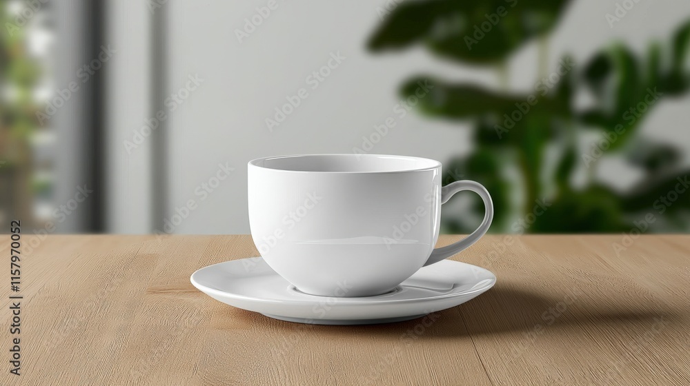 A clean white cup and saucer on a wooden tabletop with a soft bokeh background A clean white cup and saucer on a wooden tabletop with a soft bokeh background