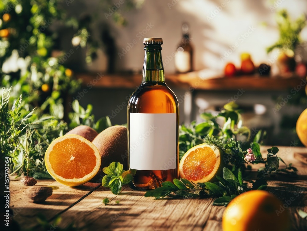A beer bottle with a blank label sits on a wooden table surrounded by citrus fruits and herbs. A beer bottle with a blank label sits on a wooden table surrounded by citrus fruits and herbs.