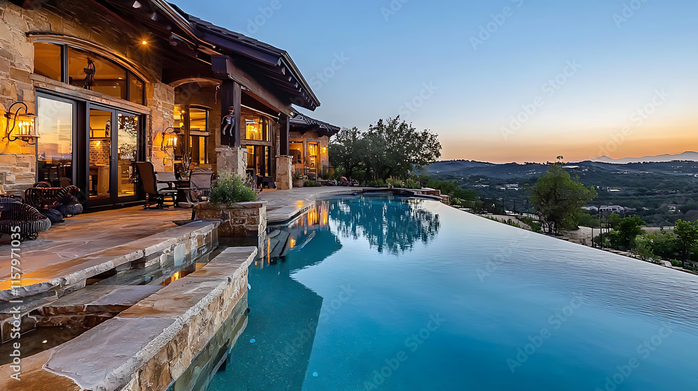 Fototapeta premium stunning contemporary house with infinity pool overlooking scenic hills at sunset. architecture blends natural materials with modern design