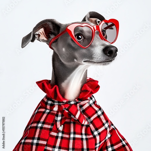 Stylish dog wearing red heart-shaped glasses and a checkered outfit. photo