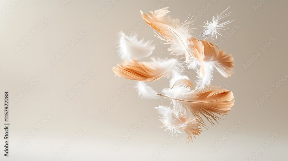 Floating feathers in soft colors create serene and delicate atmosphere. gentle movement and lightness evoke sense of tranquility and beauty Floating feathers in soft colors create serene and delicate atmosphere. gentle movement and lightness evoke sense of tranquility and beauty