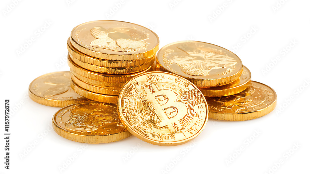 Stack of gold coins with prominent cryptocurrency symbol, representing wealth and investment opportunities Stack of gold coins with prominent cryptocurrency symbol, representing wealth and investment opportunities