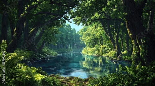 A Tranquil Stream Winding Through a Lush Green Forest