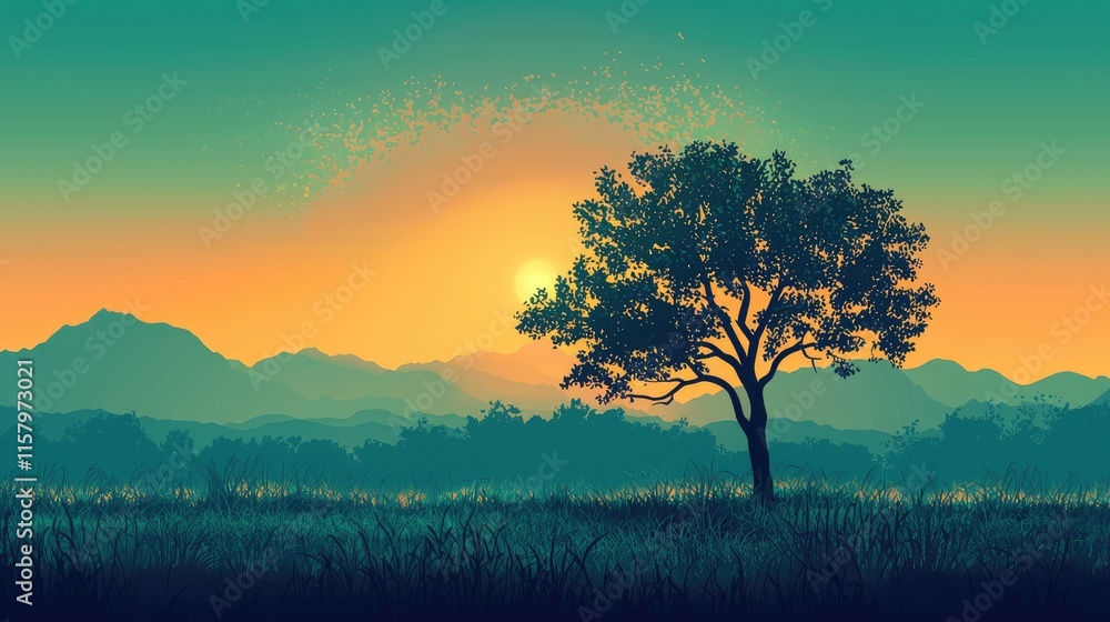 Obraz premium A Single Tree Silhouette in Front of a Mountain Range and a Setting Sun