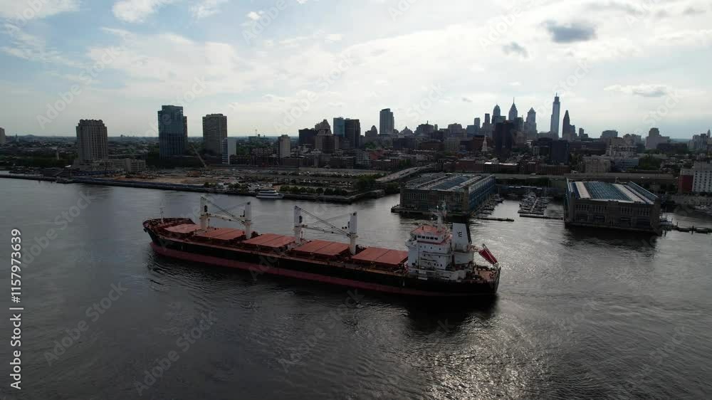PHILADELPHIA - 7.11.2024 - Great aerial view circling a barge as it travels down the Delaware River, past the Benjamin Franklin Bridge with the Philadelphia skyline in the distance. PHILADELPHIA - 7.11.2024 - Great aerial view circling a barge as it travels down the Delaware River, past the Benjamin Franklin Bridge with the Philadelphia skyline in the distance.