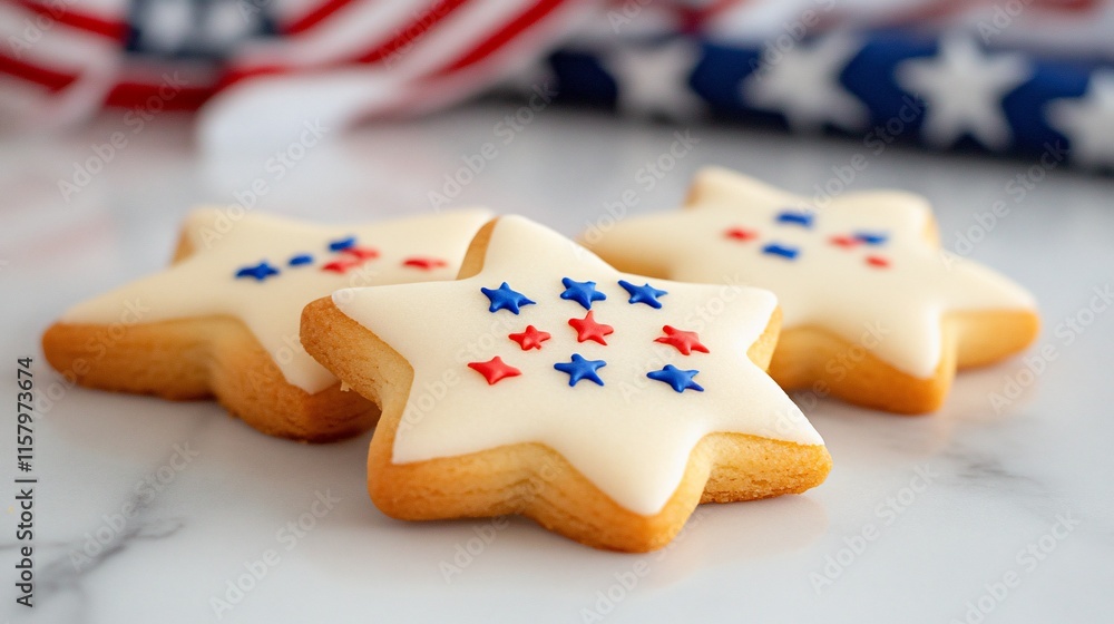 Star-shaped cookies decorated with red and blue stars on a marble surface.