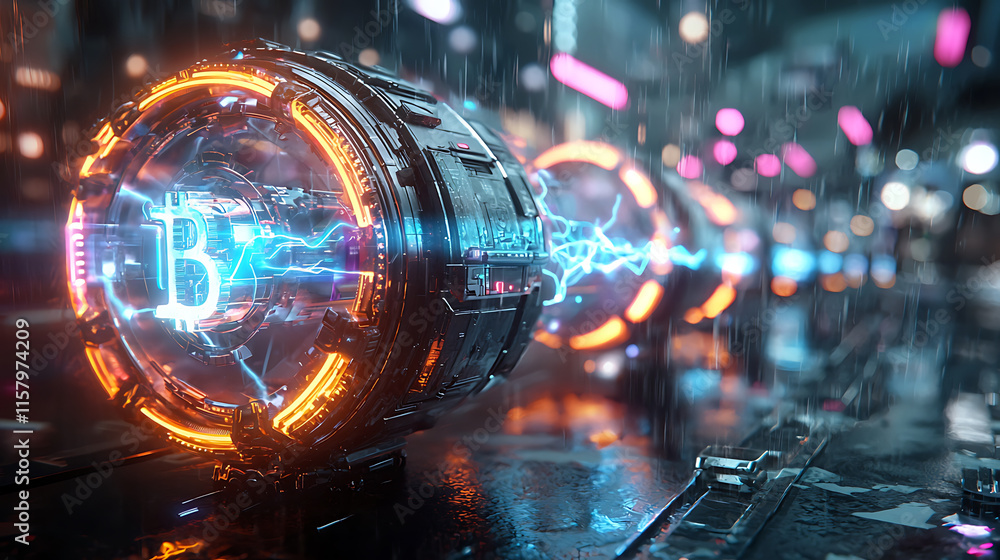 Fototapeta premium futuristic Bitcoin symbol glowing with electric energy in rainy urban setting, showcasing advanced technology and vibrant colors