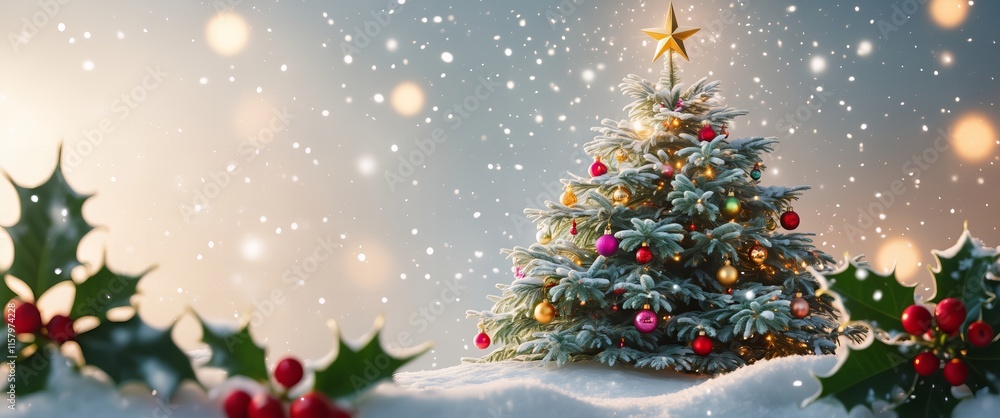 Snow-Covered Christmas Tree with Ornaments and Holly Decor
Snow-Covered Christmas Tree with Ornaments and Holly Decor